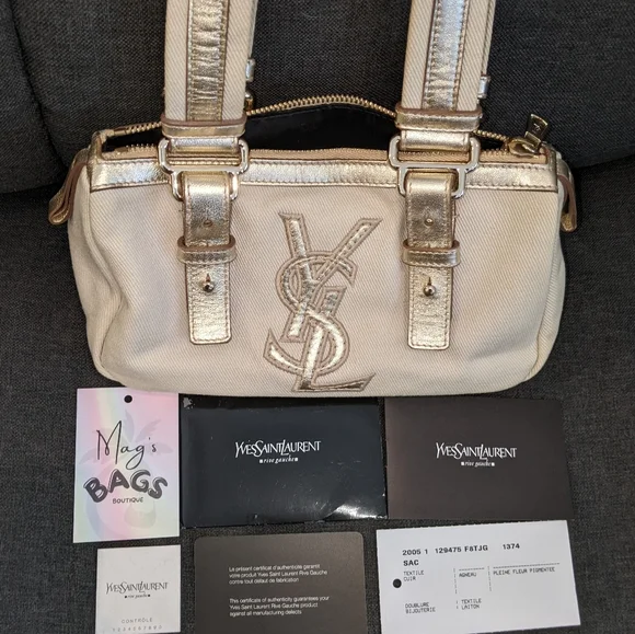 YSL: Metallic Mini Boston Kahala Canvas Leather Tote Shoulder Bag - Picture 3 of 16